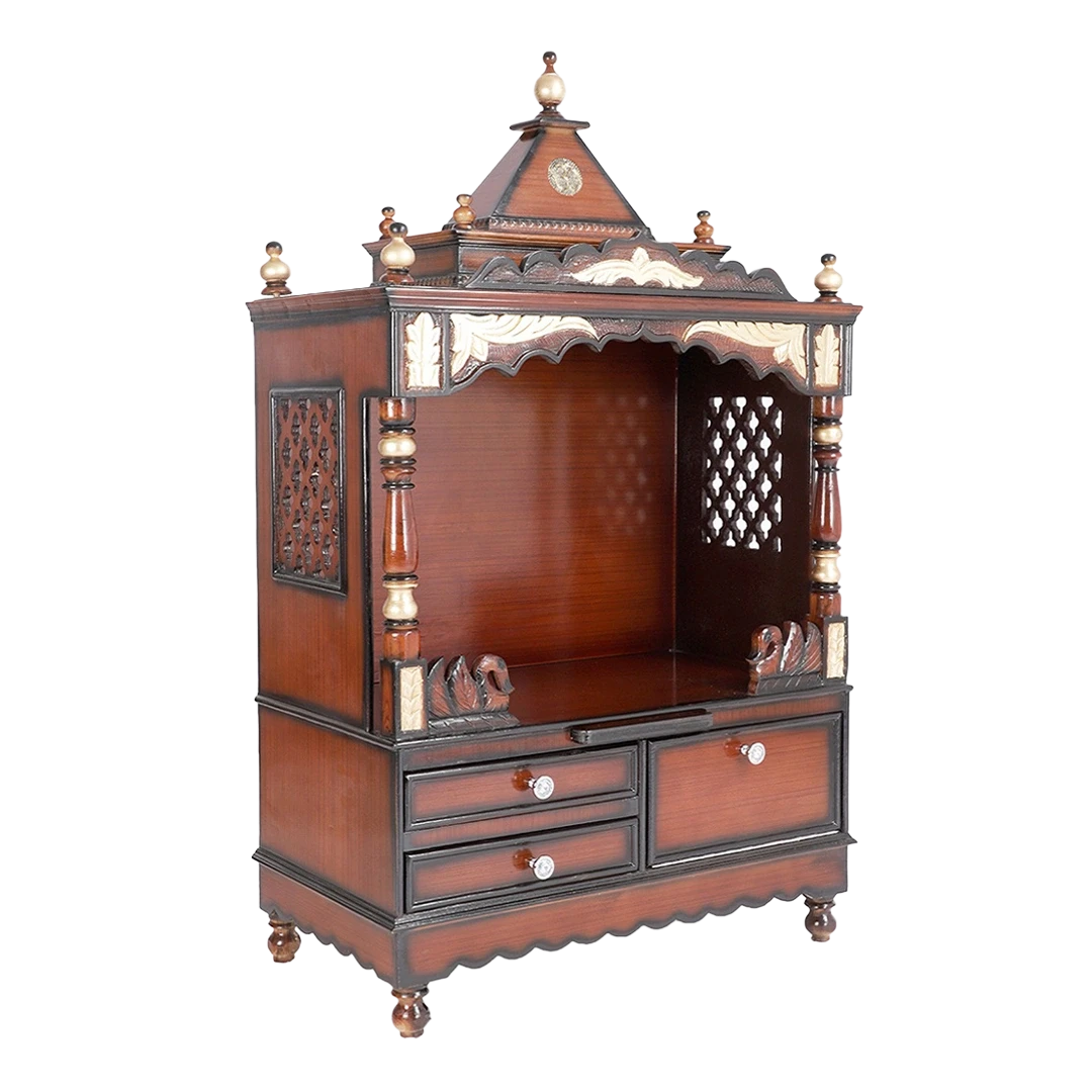 Sacred Space Large Floor Rested Pooja Mandir/Wooden temple for home in Brown Gold color 45° side view