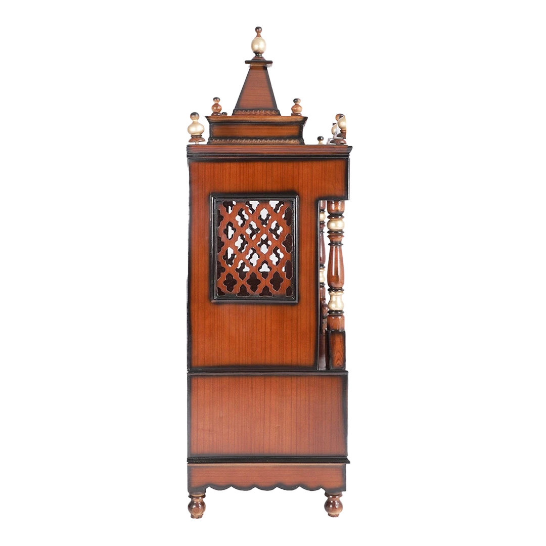Sacred Space Large Floor Rested Pooja Mandir/Wooden temple for home in Brown Gold color side view featuring jali design and Pillars