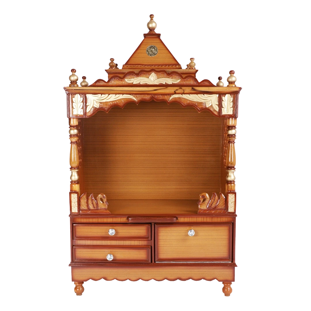 Sacred Space Large Floor Rested Pooja Mandir/Wooden temple for home in Teak Gold color front view