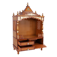 Sacred Space Large Floor Rested Pooja Mandir/Wooden temple for home in Teak Gold color 45° side view open drawers