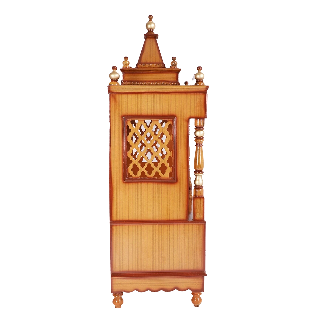 Sacred Space Large Floor Rested Pooja Mandir/Wooden temple for home in Teak Gold color side view featuring jali design and Pillars