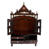 Sacred Space Large Floor Rested Pooja Mandir/Wooden temple with doors for home in Brown Gold color front view open drawers