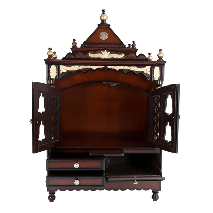 Sacred Space Large Floor Rested Pooja Mandir/Wooden temple with doors for home in Brown Gold color front view open drawers