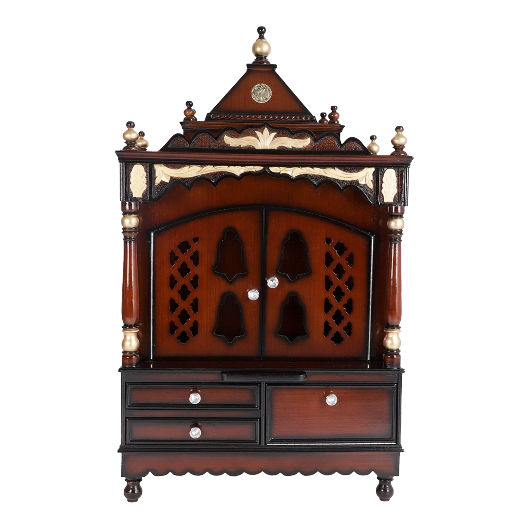 Sacred Space Large Floor Rested Pooja Mandir/Wooden temple with doors for home in Brown Gold color front view