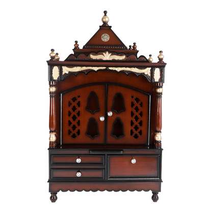 Sacred Space Large Floor Rested Pooja Mandir/Wooden temple with doors for home in Brown Gold color front view
