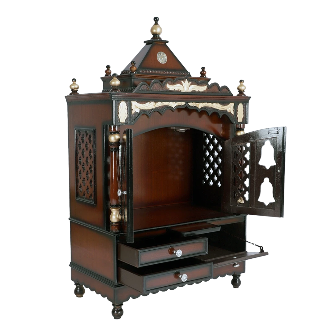 Sacred Space Large Floor Rested Pooja Mandir/Wooden temple with doors for home in Brown Gold color 45° side view open drawers