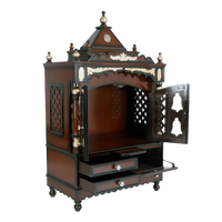 Sacred Space Large Floor Rested Pooja Mandir/Wooden temple with doors for home in Brown Gold color 45° side view open drawers