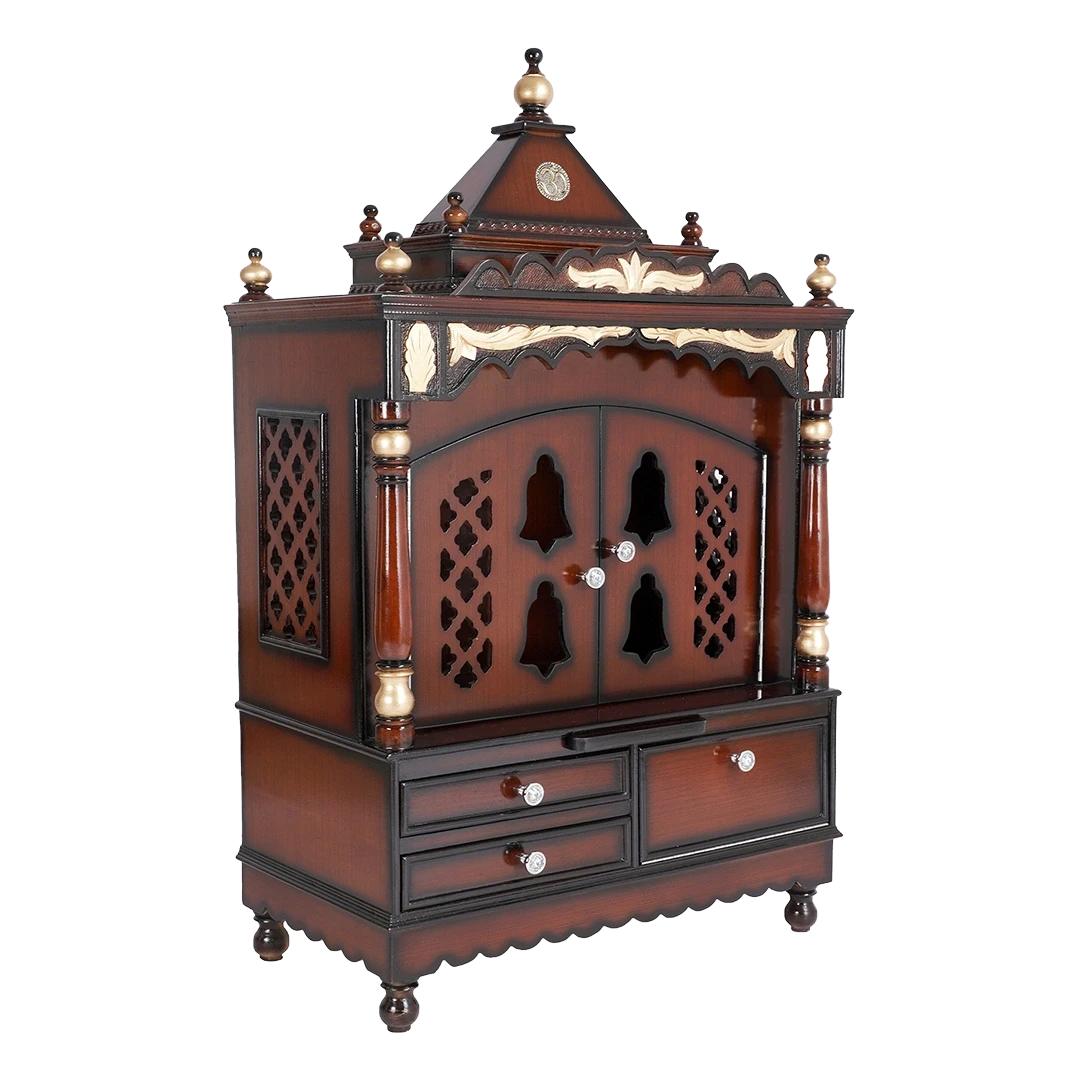 Sacred Space Large Floor Rested Pooja Mandir/Wooden temple with doors for home in Brown Gold color 45° side view