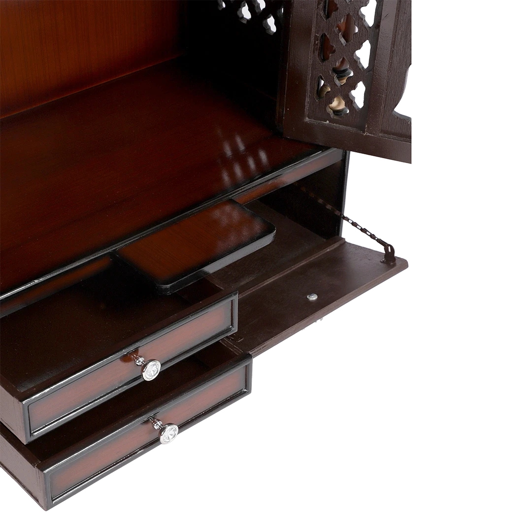 Sacred Space Large Floor Rested Pooja Mandir/Wooden temple with doors for home in Brown Gold color zoom view open drawers
