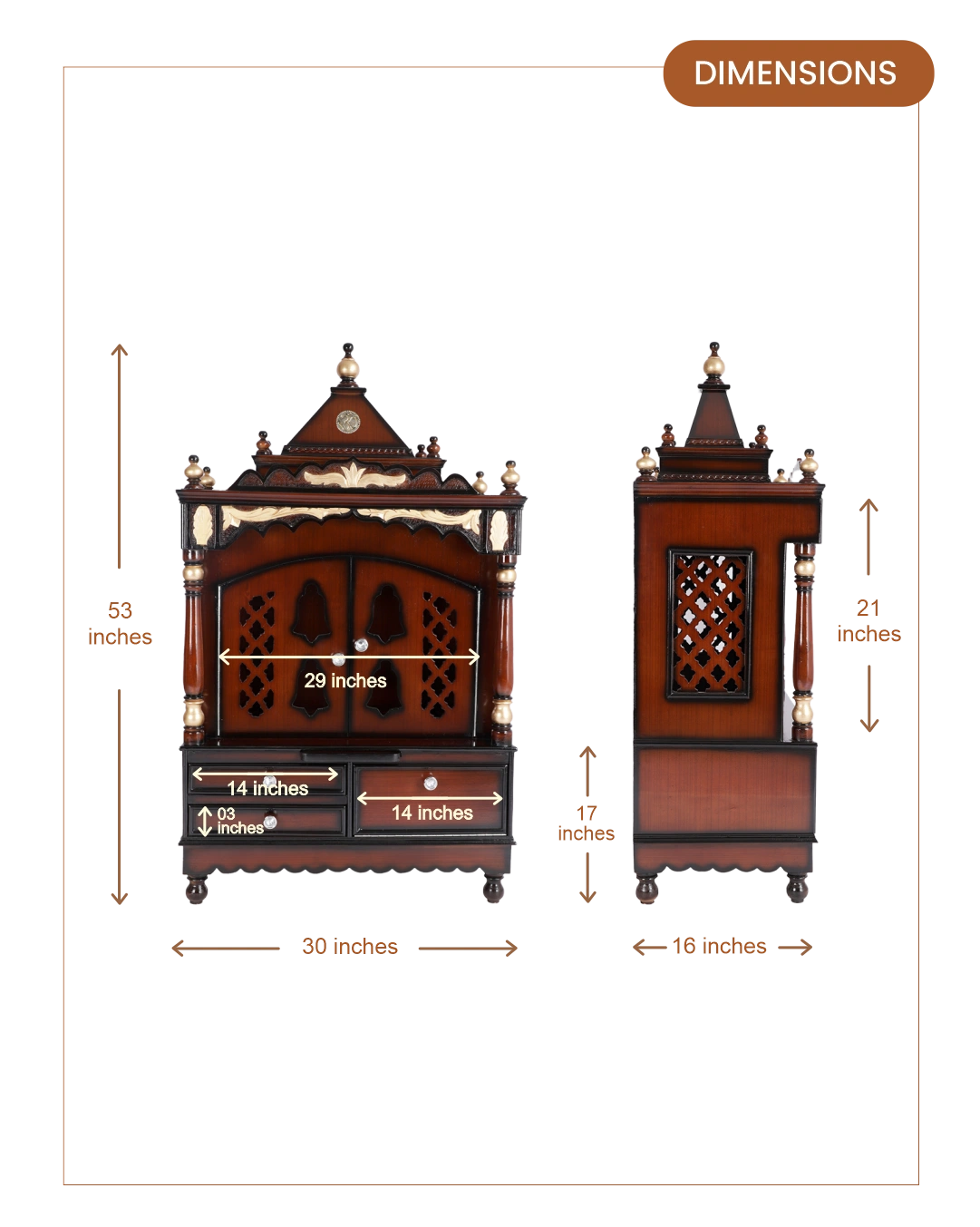 Sacred Space Large Floor Rested Pooja Mandir with Door (Brown Gold)