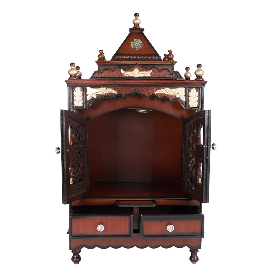 Sacred Space Medium Floor Rested Pooja Mandir/Wooden temple with doors for home in Brown Gold color front view open drawers