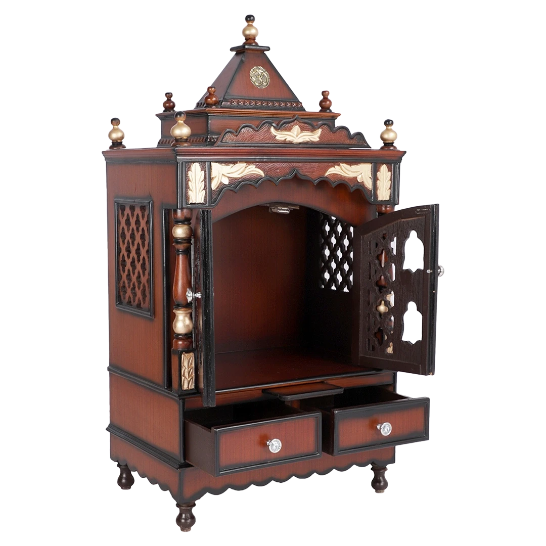 Sacred Space Medium Floor Rested Pooja Mandir/Wooden temple with doors for home in Brown Gold color 45° side view open drawers