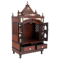 Sacred Space Medium Floor Rested Pooja Mandir/Wooden temple with doors for home in Brown Gold color 45° side view open drawers