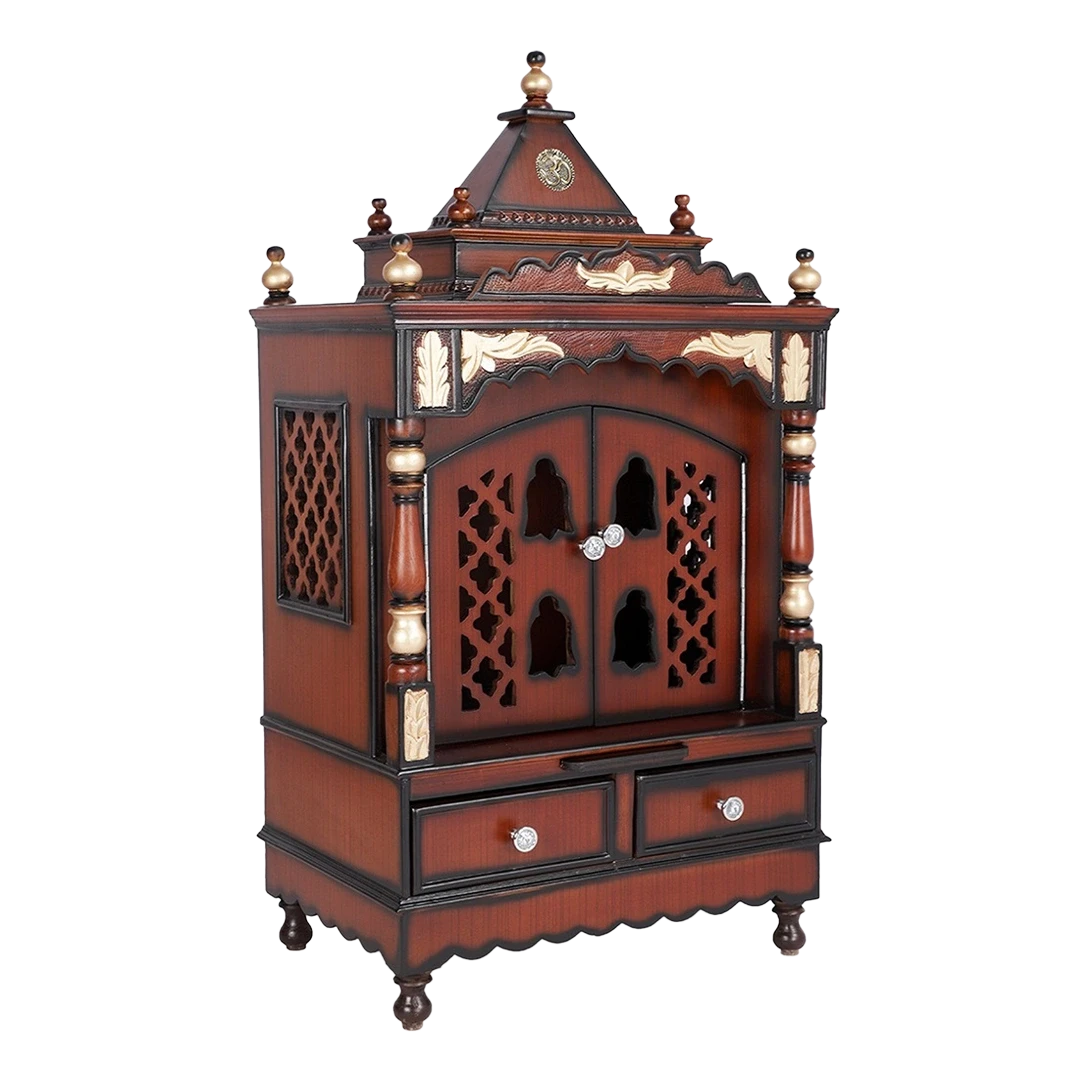Sacred Space Medium Floor Rested Pooja Mandir/Wooden temple with doors for home in Brown Gold color 45° side view