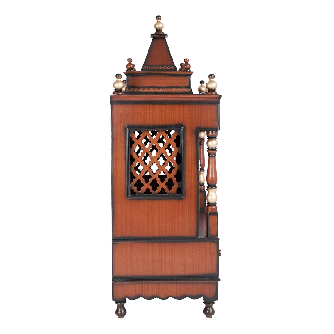 Sacred Space Medium Floor Rested Pooja Mandir/Wooden temple with doors for home in Brown Gold color side view featuring jali design and Pillars