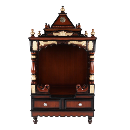 Sacred Space Medium Floor Rested Pooja Mandir/Wooden temple for home in Brown Gold color front view