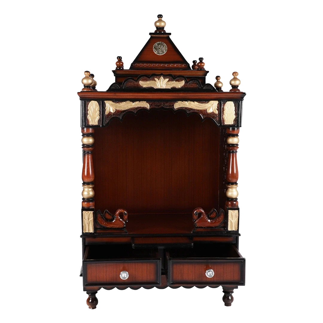 Sacred Space Medium Floor Rested Pooja Mandir/Wooden temple for home in Brown Gold color front view open drawers