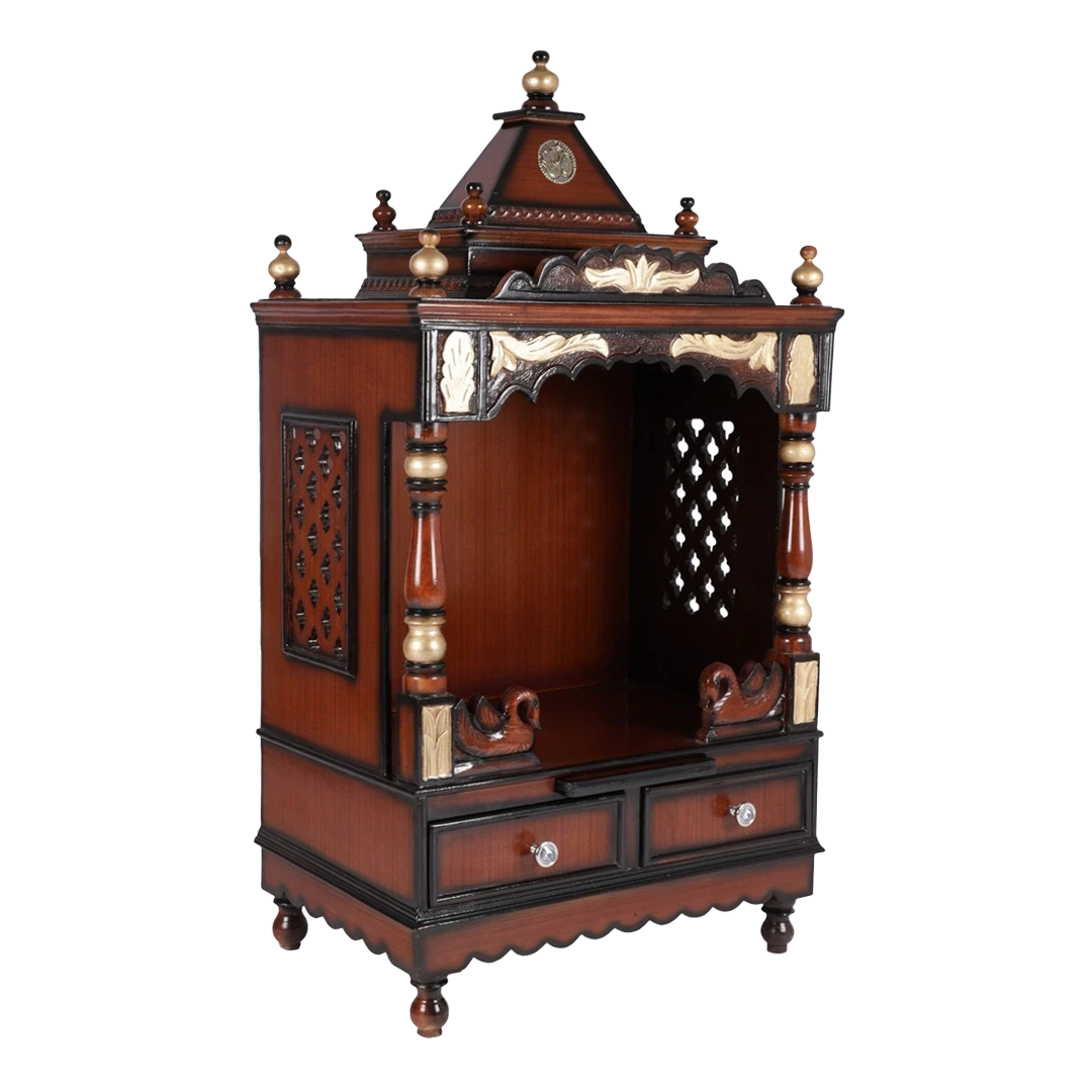 Sacred Space Medium Floor Rested Pooja Mandir/Wooden temple for home in Brown Gold color 45° side view