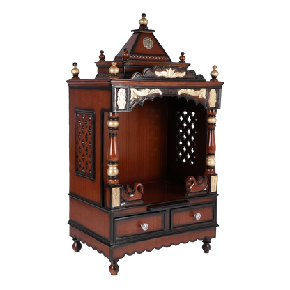 Sacred Space Medium Floor Rested Pooja Mandir/Wooden temple for home in Brown Gold color 45° side view