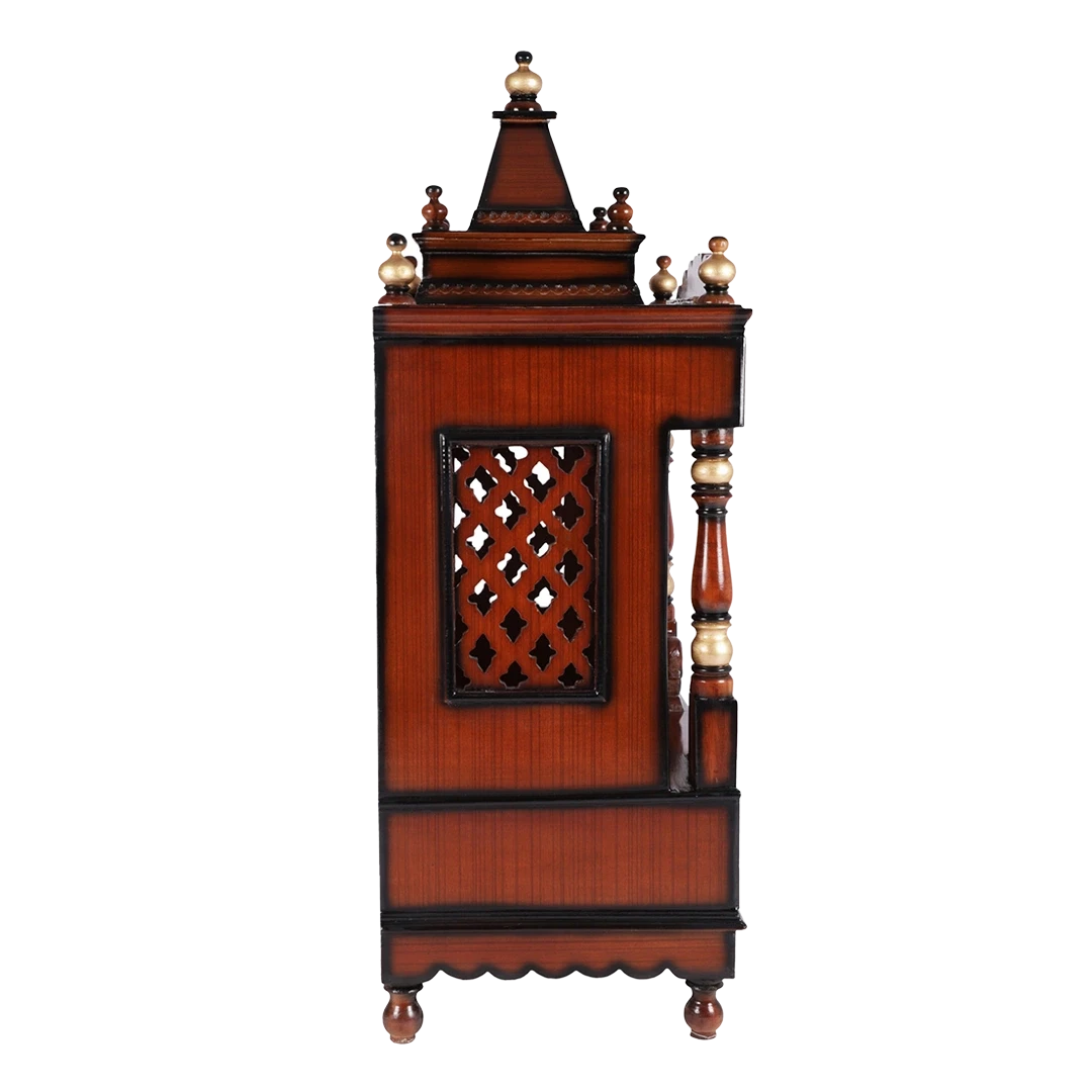 Sacred Space Medium Floor Rested Pooja Mandir/Wooden temple for home in Brown Gold color side view featuring jali design and Pillars