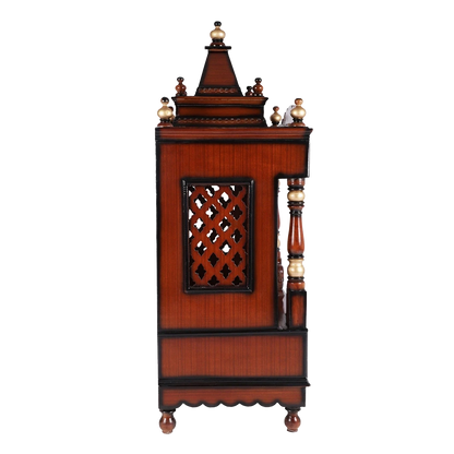 Sacred Space Medium Floor Rested Pooja Mandir/Wooden temple for home in Brown Gold color side view featuring jali design and Pillars
