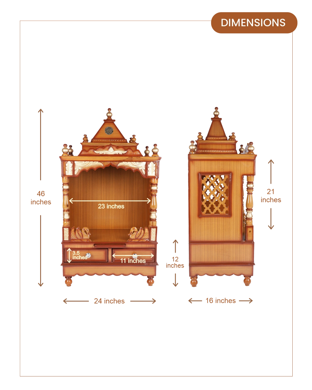 Sacred Space Medium Floor Rested Pooja Mandir without Door (Teak Gold)