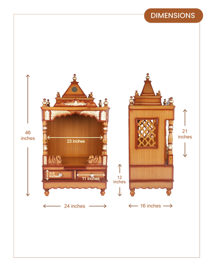 Sacred Space Medium Floor Rested Pooja Mandir without Door (Teak Gold)