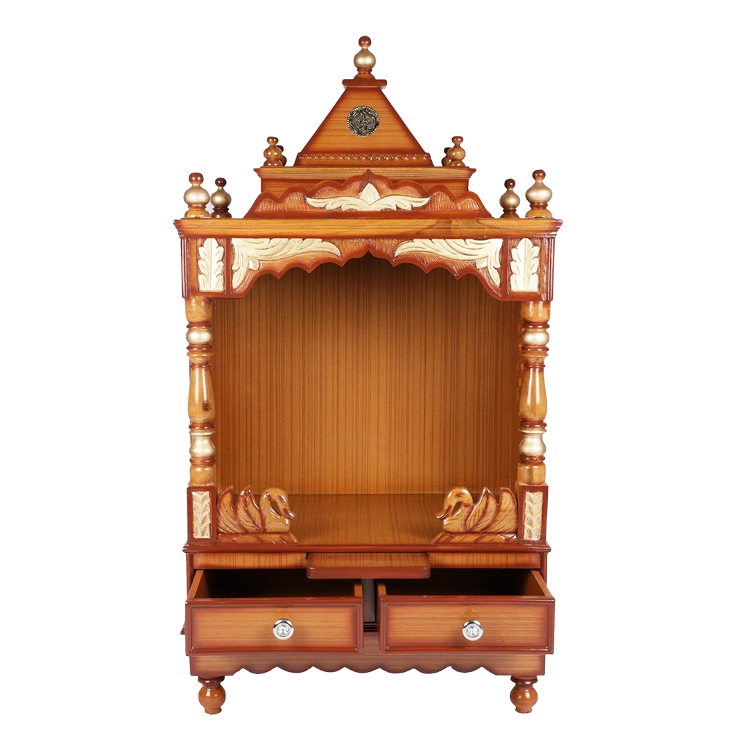 Sacred Space Medium Floor Rested Pooja Mandir/Wooden temple for home in Teak Gold color front view open drawers