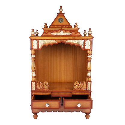 Sacred Space Medium Floor Rested Pooja Mandir/Wooden temple for home in Teak Gold color front view open drawers