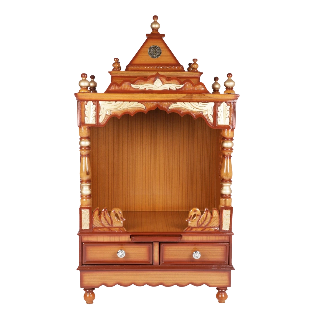 Sacred Space Medium Floor Rested Pooja Mandir/Wooden temple for home in Teak Gold color front view