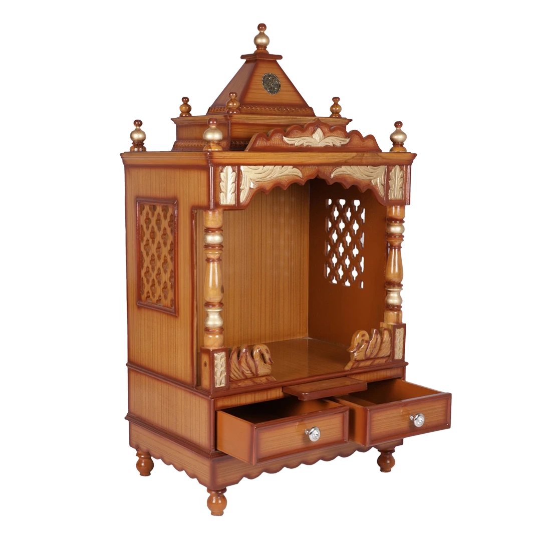 Sacred Space Medium Floor Rested Pooja Mandir/Wooden temple for home in Teak Gold color45° side view open drawers