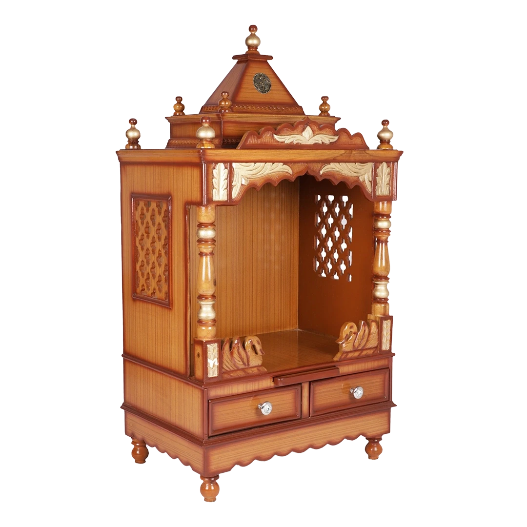 Sacred Space Medium Floor Rested Pooja Mandir/Wooden temple for home in Teak Gold color 45° side view