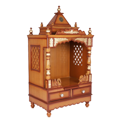 Sacred Space Medium Floor Rested Pooja Mandir/Wooden temple for home in Teak Gold color 45° side view