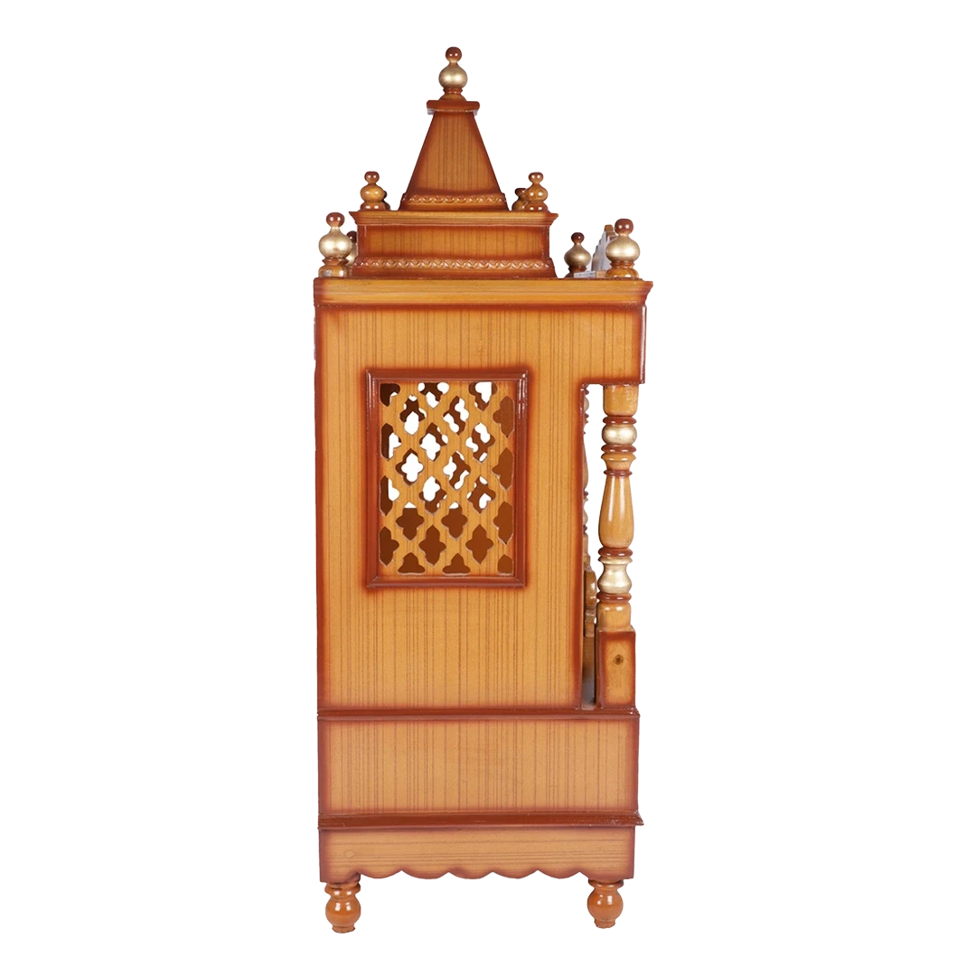 Sacred Space Medium Floor Rested Pooja Mandir/Wooden temple for home in Teak Gold color side view featuring jali design and Pillars
