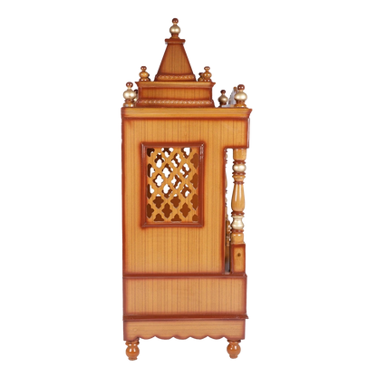Sacred Space Medium Floor Rested Pooja Mandir/Wooden temple for home in Teak Gold color side view featuring jali design and Pillars