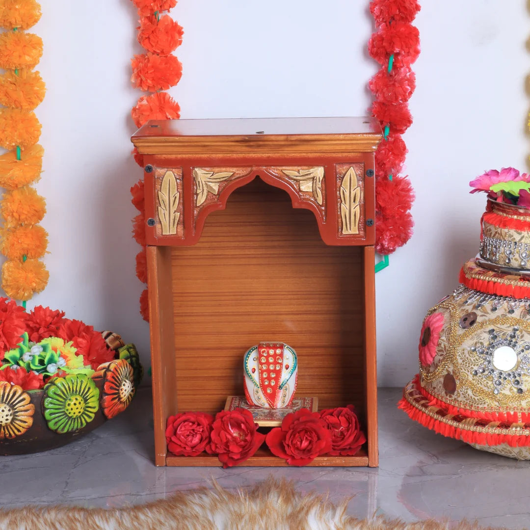 Sattva Teak Wood Pooja Mandir (Teak Gold) lifestyle image