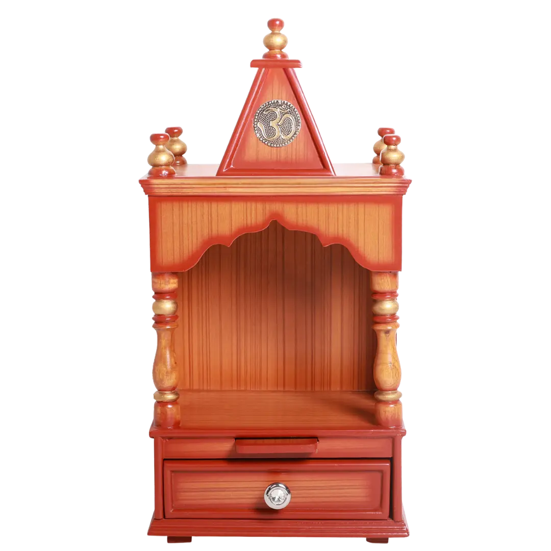 Satvika Wall Mount Pooja Mandir without Door Front View Image(Teak Gold)