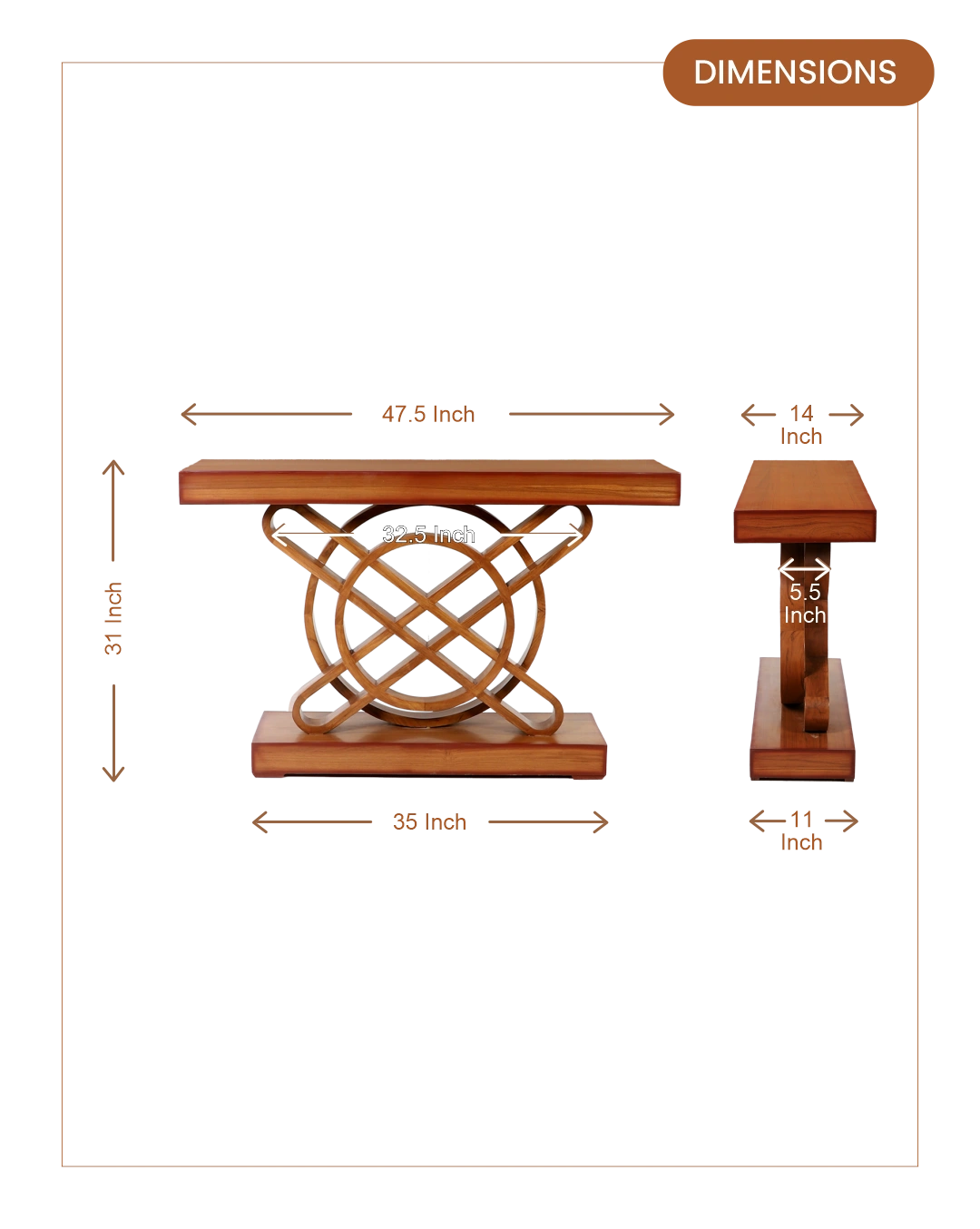 Sedin Solid Wood Console Table (Teak) dimensions