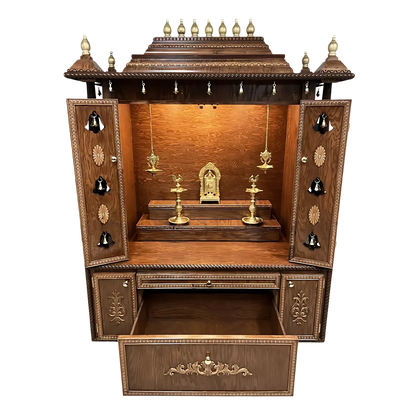 Shanti Dham Teak Wood Mandir (Caramel Brown) open door view
