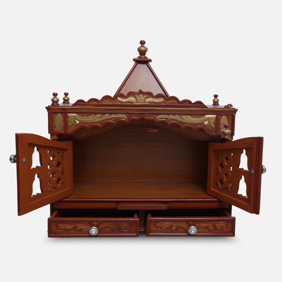 Sharan Teak Wood Mandir (Teak Gold) open door front view 