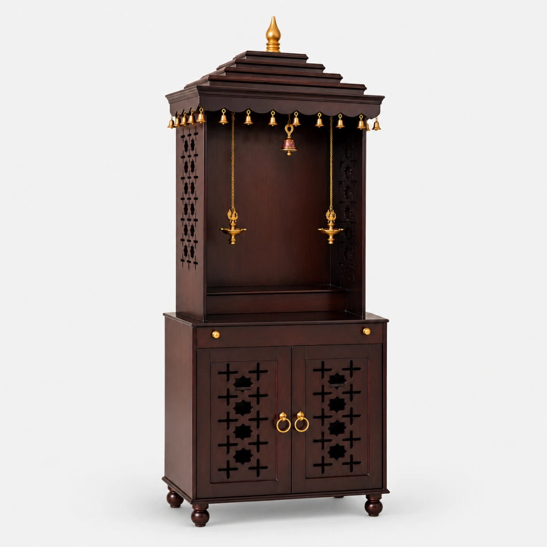 Shikharam Teak Wood Pooja Mandap (Brown) Side View