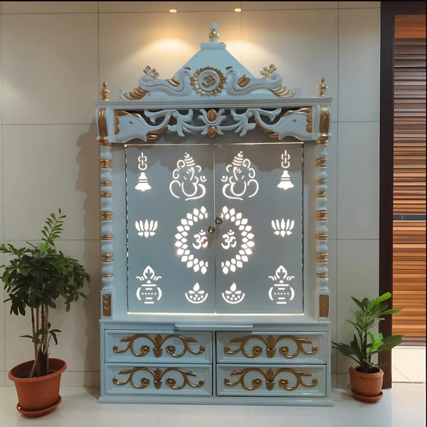 Shivansh Teak Wood Pooja Mandir (White Gold) Lifestyle view