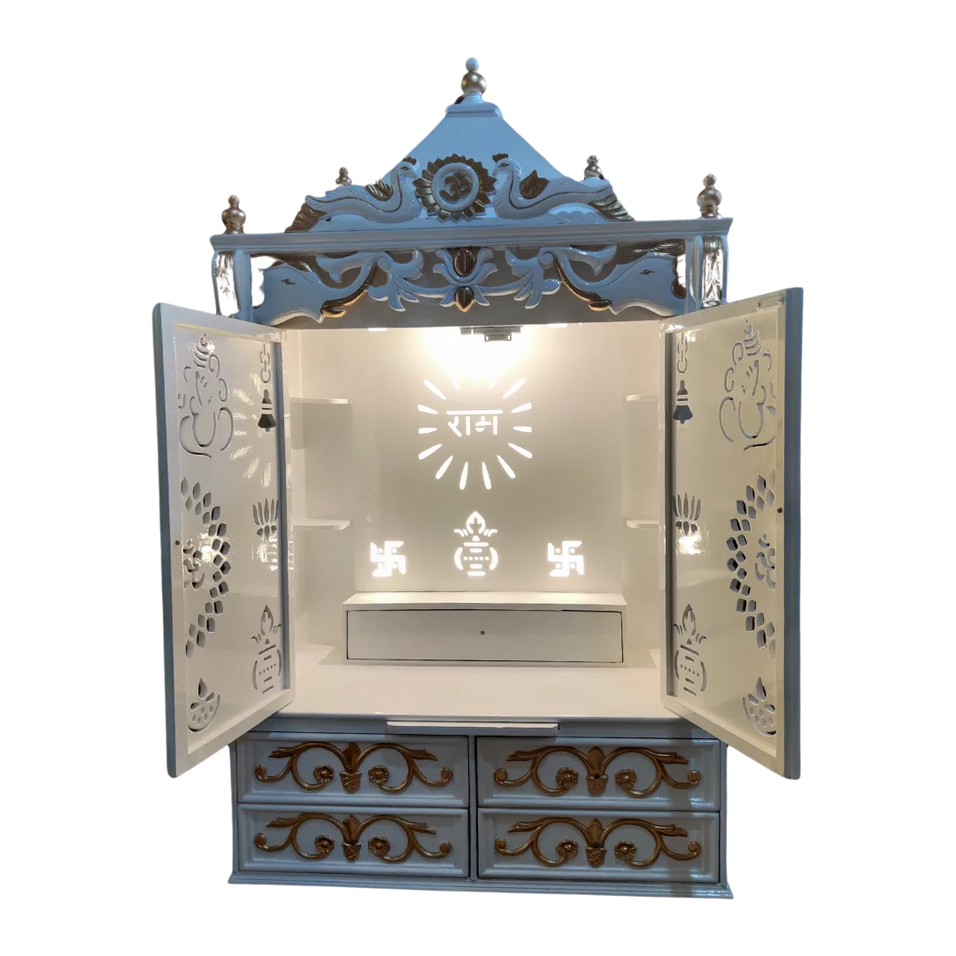 Shivansh Teak Wood Pooja Mandir White Open Doors with Lighting