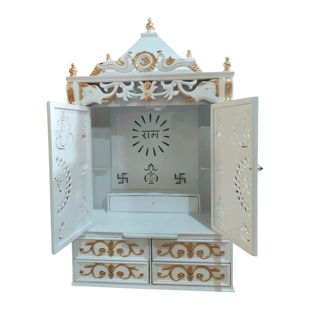 Shivansh Teak Wood Pooja Mandir White Open Doors