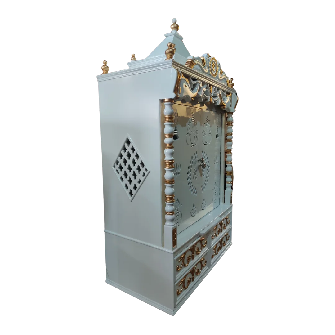 Shivansh Teak Wood Pooja Mandir White Side View