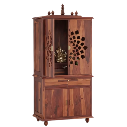Shrayana Teak Wood Pooja Mandap with Door (Teak) side open door view