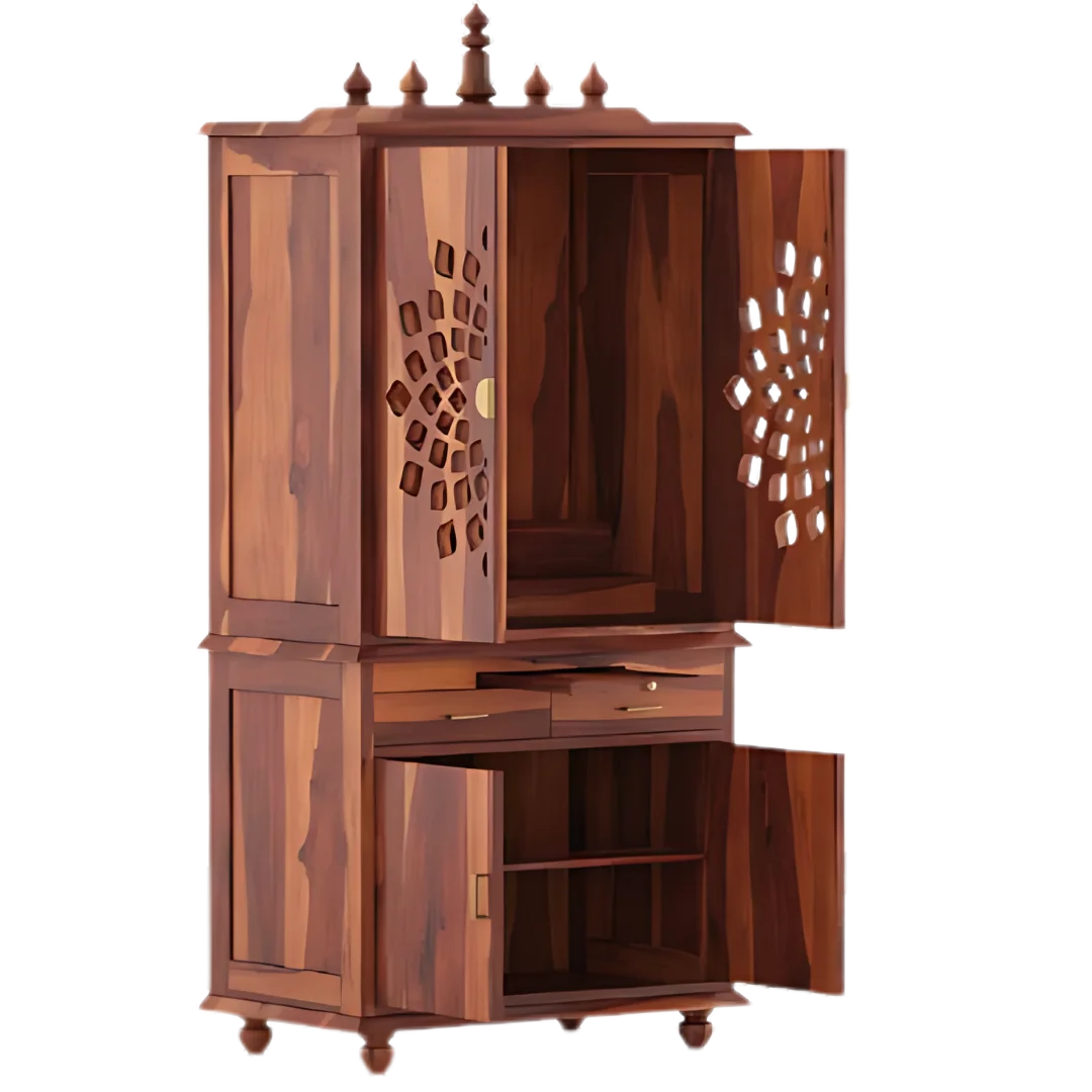Shrayana Teak Wood Pooja Mandap with Door (Teak) side view open door and open drawers