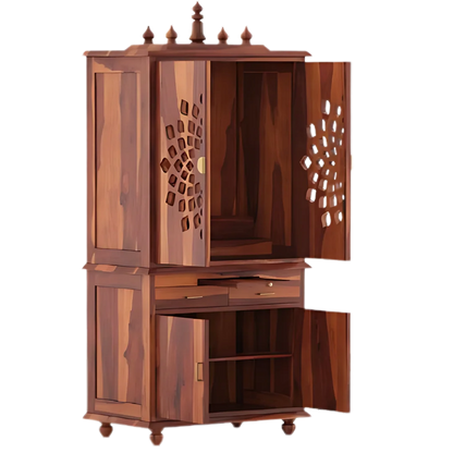 Shrayana Teak Wood Pooja Mandap with Door (Teak) side view open door and open drawers