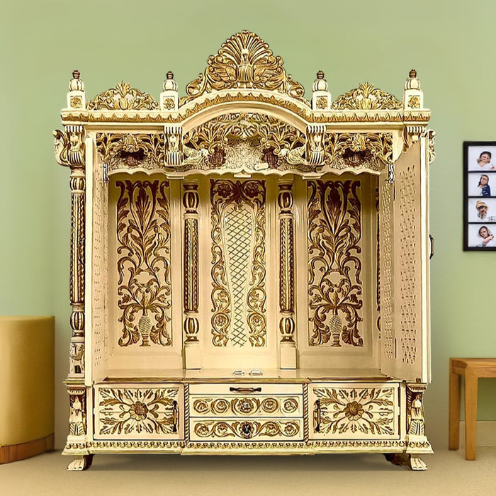 Gold finish teak wood pooja mandir in a home