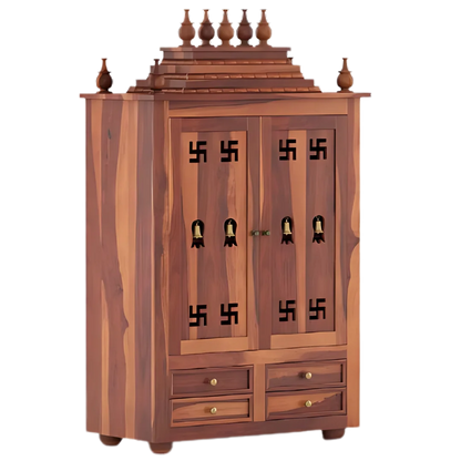 Shreom Teak Wood Pooja Mandap With Door (Teak) open door side angle